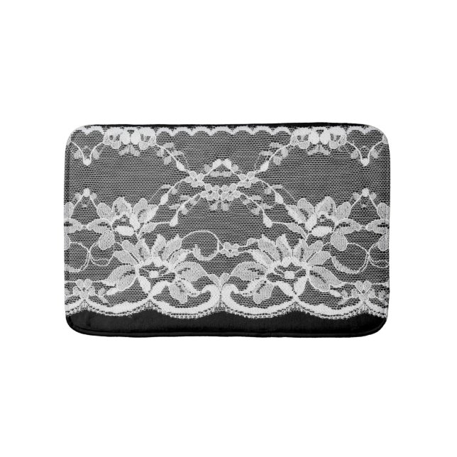 Tapis De Bain Dentelle florale blanche : arrière - plan noire. (Devant)