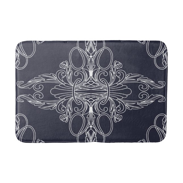 Tapis De Bain Design de luxe, motif floral, bleu marine, blanc (Devant)