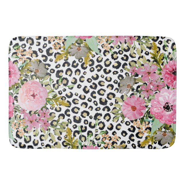 Tapis De Bain Design Empreinte de léopard et floral élégant (Devant)