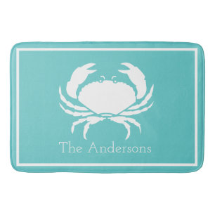 Tapis De Bain Design nautique avec crabe blanc sur bleu Turquois