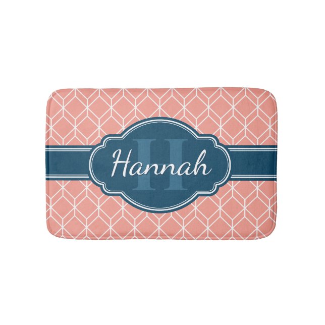 Tapis De Bain Diamant géométrique rose Motif Monogramme bleu (Devant)