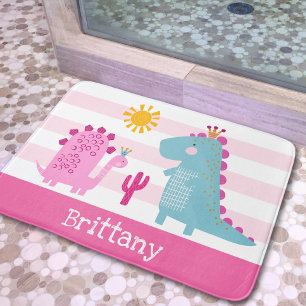 Tapis De Bain Dinosaures Mignons Fille Rayures Roses Nom Amusant