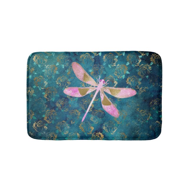 Tapis De Bain Dragonfly rose Gold sur Turquoise Floral Arrière - (Devant)