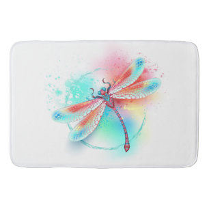 Tapis De Bain Dragonfly rouge sur l'arrière - plan aquarelle