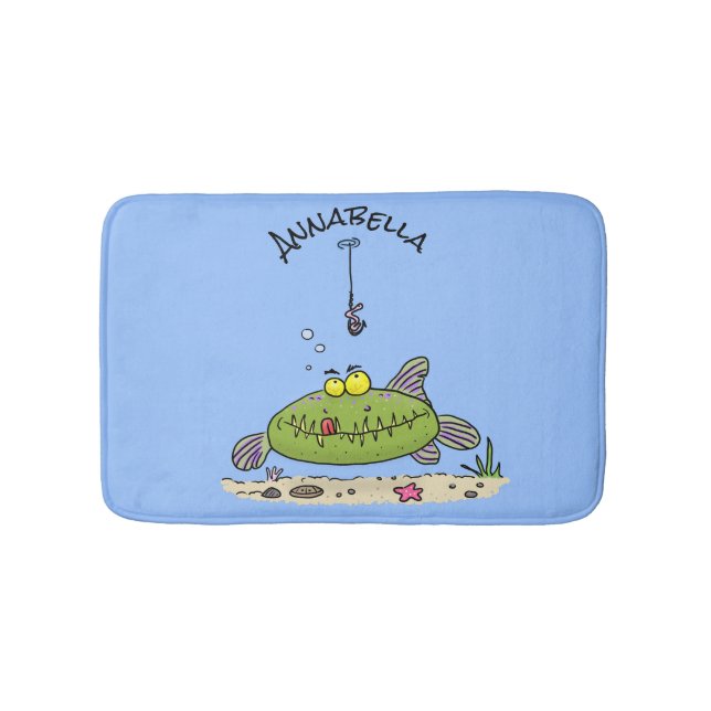 Tapis De Bain Drôle gras affamé poisson vert dessin de pêche (Devant)