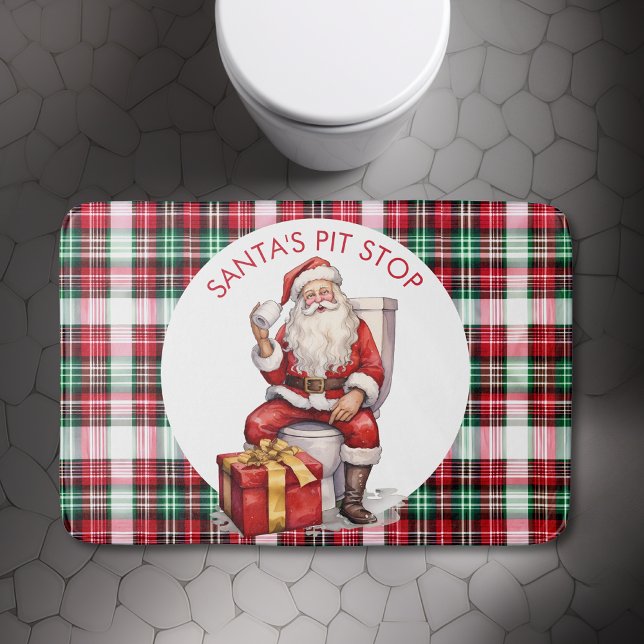 Tapis De Bain Drôle personnalisé Santa Claus Toilette Citation N (Funny Christmas Toilet Humor Quote Santas Pit Stop sitting on loo bathroom holiday decor red green )