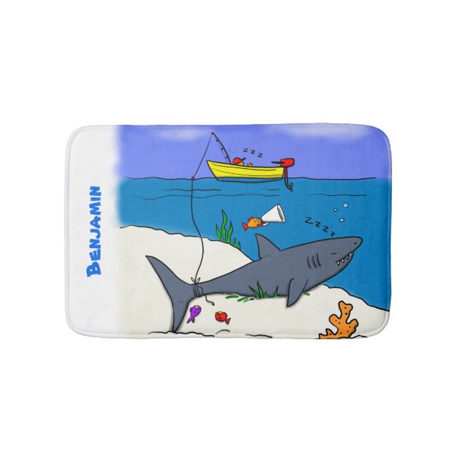 Tapis De Bain Drôle requin couché et dessin animé de pêche (Devant)