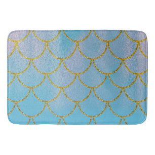 Tapis De Bain Écaille de sirène iridescente bleu et or scintilla