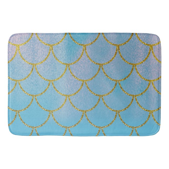 Tapis De Bain Écaille de sirène iridescente bleu et or scintilla (Devant)