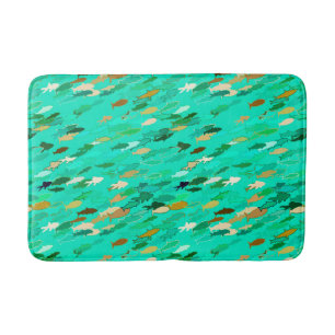 Tapis De Bain École de poisson, aqua, vert, or
