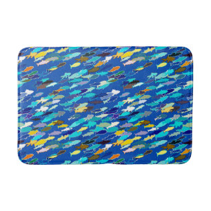 Tapis De Bain École de poisson, bleu foncé, blanc et turquoise