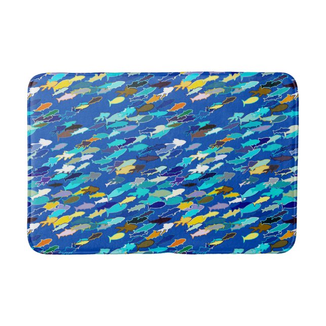 Tapis De Bain École de poisson, bleu foncé, blanc et turquoise (Devant)