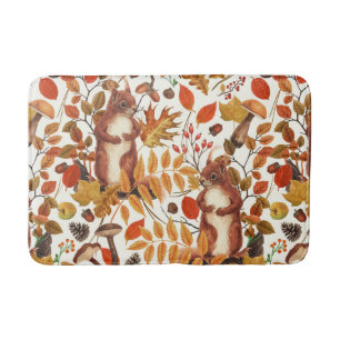 Tapis De Bain Écureuils d'automne et flore automnale sur le blan
