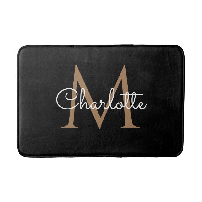 Tapis de bain élégant à monogramme en or noir écri (Devant)