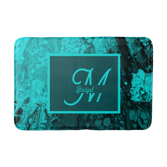 Tapis De Bain Elégant Aqua Turquoise bold Script Monogramme (Devant)