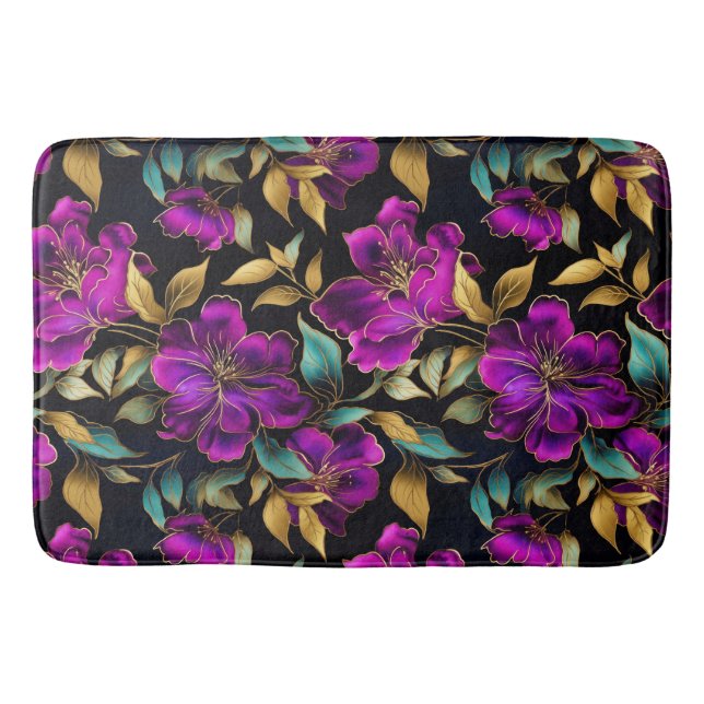 Tapis De Bain Elégant Aquarelle violet et Turquoise Fleurs Motif (Devant)