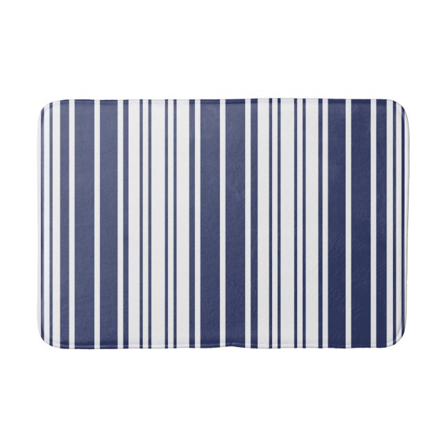 Tapis De Bain Élégant, bandes verticales, bleu marine, blanc (Devant)