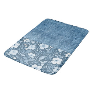 Tapis De Bain Elégant Bleu Botanique Faux Denim Look