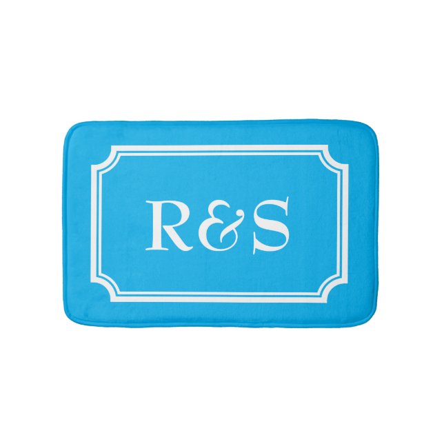 Tapis de bain élégant bleu et blanc à monogramme (Devant)