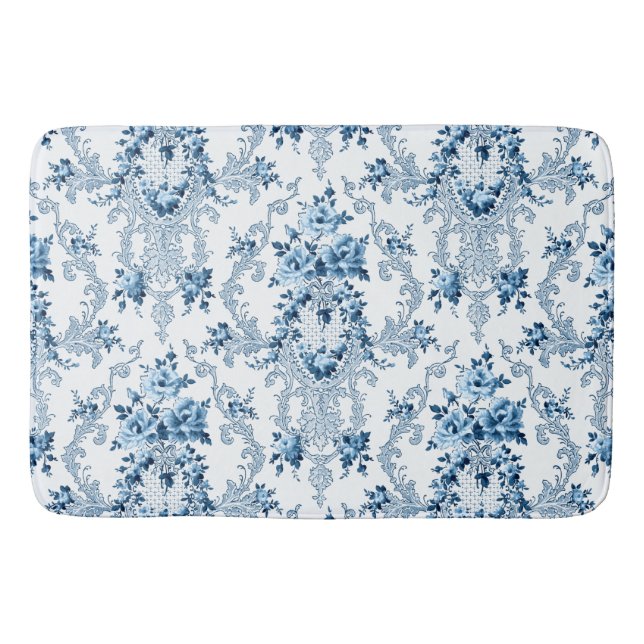 Tapis De Bain Elégant bleu et blanc Rococo Floral (Devant)