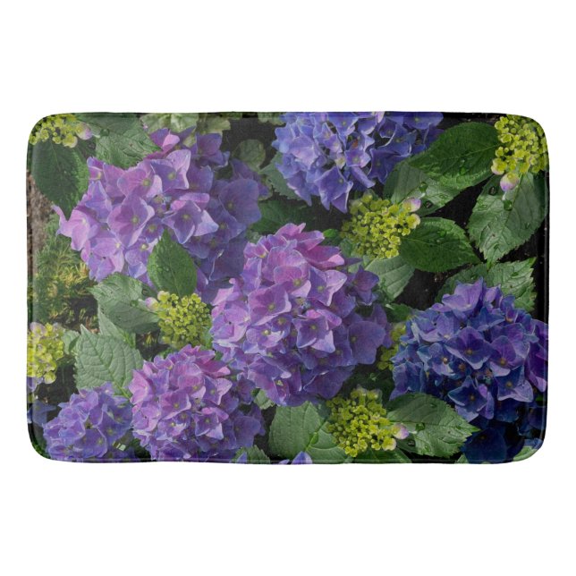 Tapis De Bain Elégant bleu violet magenta vert hydrangée florale (Devant)