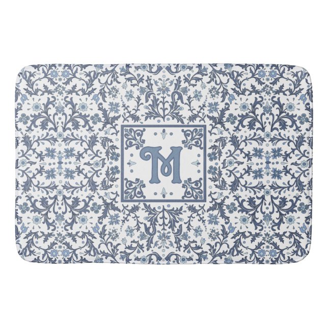Tapis De Bain Elegant Blue Graphic Floral Pattern Monogram (Devant)