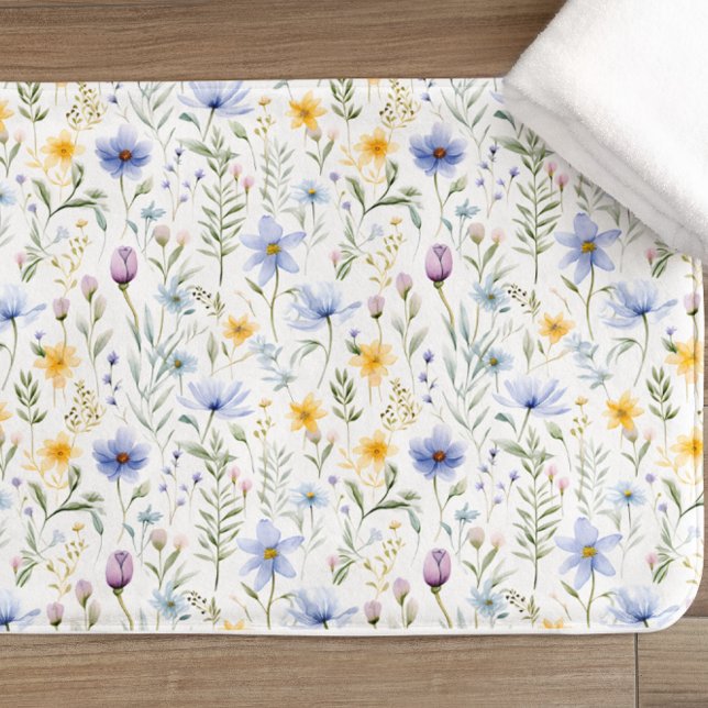 Tapis De Bain Elegant Blue Purple Watercolor Wildflower  (Créateur téléchargé)