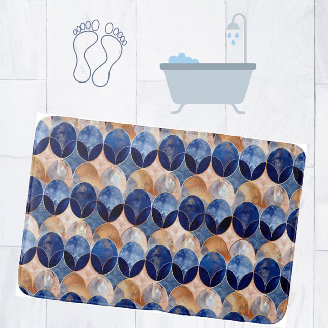 Tapis De Bain Elegant Blue + Rose Gold Luxury Geometric Pattern (Add glam luxury to your bathroom with this blue + rose gold oval pattern bathmat.)