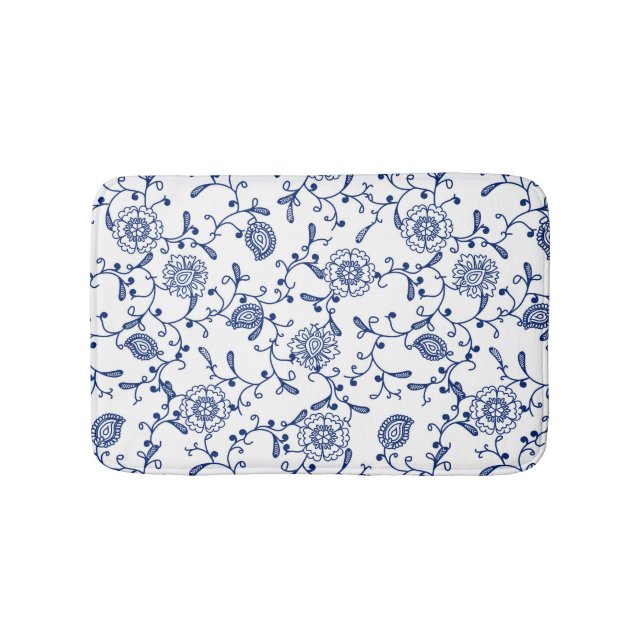 Tapis De Bain Elégant Boho Bleu et Blanc Fleurs et Fils (Devant)
