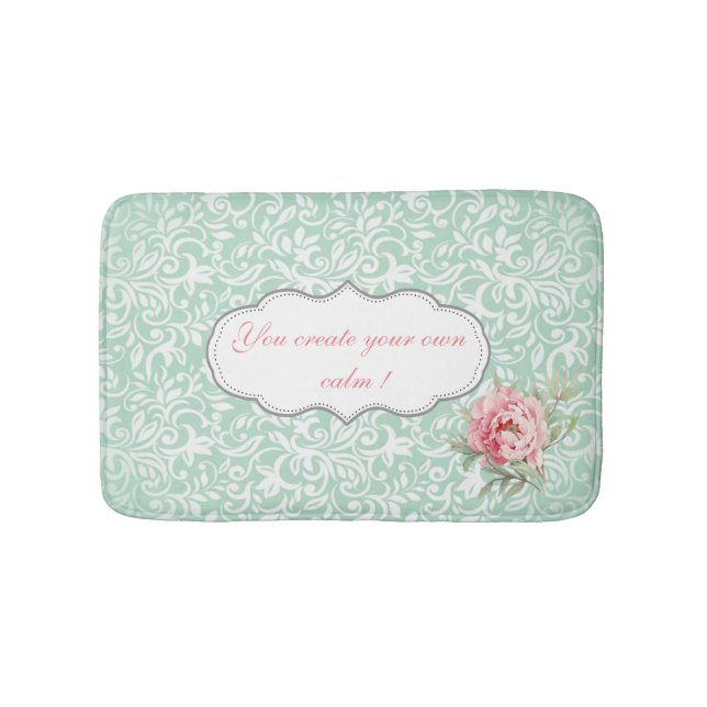 Tapis De Bain Élégant Chic Damassé, Roses, Message Motivationnel (Devant)