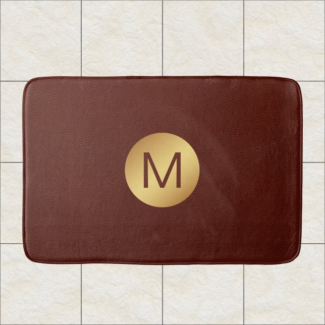 Tapis De Bain Élégant Faux Rouge Cuir & Or Monogramme Initial (Créateur téléchargé)