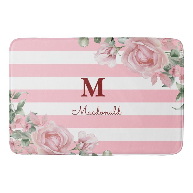 Tapis De Bain Elegant Floral Rose Striped Monogram (Devant)