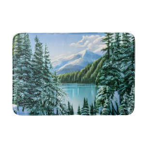 Tapis De Bain Élégant Hiver Montagne Lac Pine Trees Nature