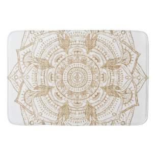 Tapis De Bain Elégant Mandala Blanc & Or Dessiné À La Main