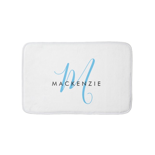Tapis De Bain Élégant Moderne Ciel Blanc Bleu Monogramme Script (Devant)