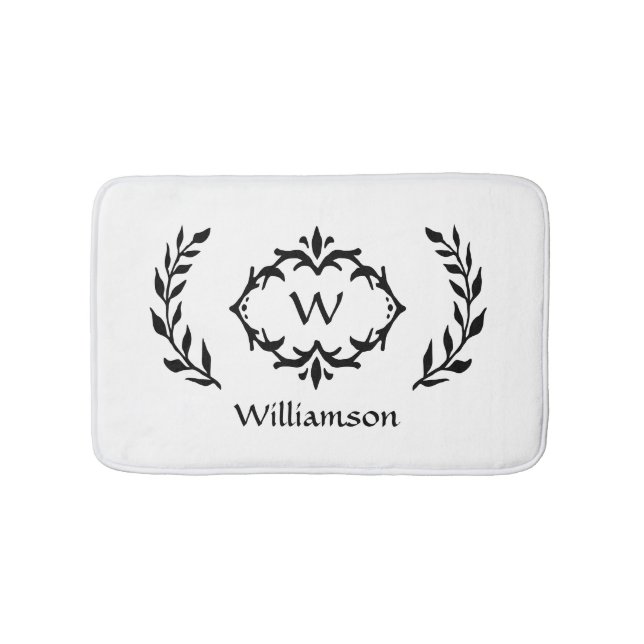 Tapis De Bain Élégant Moderne Monogramme Wreath Black White Chic (Devant)