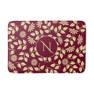 Tapis De Bain Élégant Monogram Leaf Daisy Motif Bourgogne