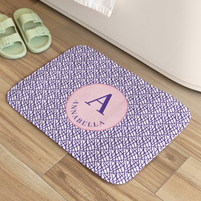 Tapis De Bain Elégant Monogramme Bleu Lignes Abstraites (Créateur téléchargé)