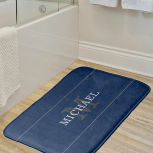 Tapis De Bain Élégant Monogramme en argent bleu marine Personnal