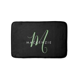 Tapis De Bain Élégant Monogramme moderne noir vert Script