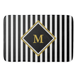 Tapis De Bain Élégant Monogramme noir blanc or rayé