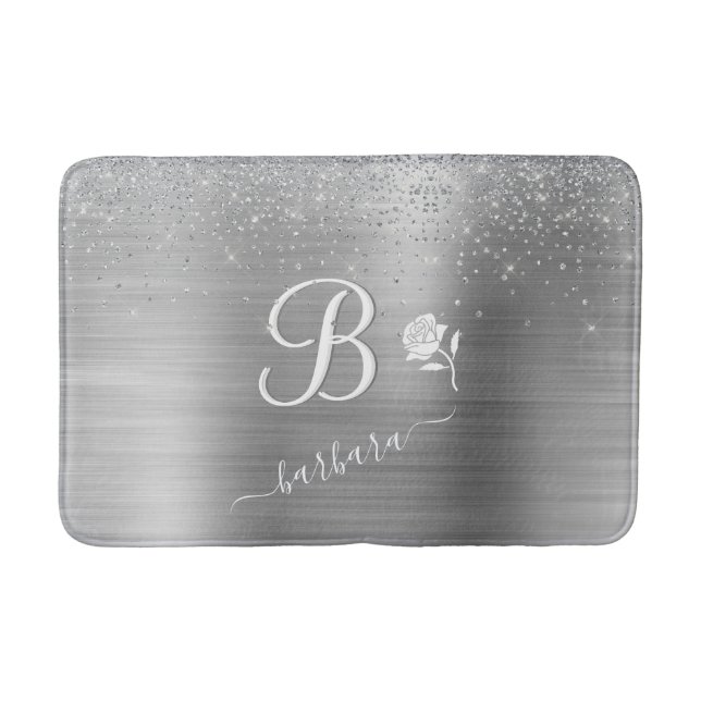 Tapis De Bain Élégant Monogramme Personnalisé Éclairage Argent (Devant)