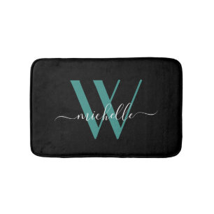 Tapis De Bain Élégant Monogramme Turquoise Nom initial Script Gi