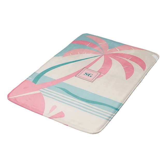 Tapis De Bain Élégant monogramme turquoise rose tropical minimal (Angle)
