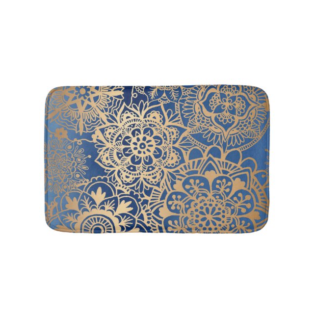 Tapis De Bain Elégant Motif Mandala bleu et or (Devant)