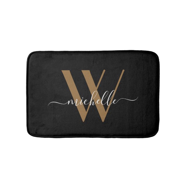 Tapis De Bain Élégant Noir Monogramme Nom du script Initial (Devant)