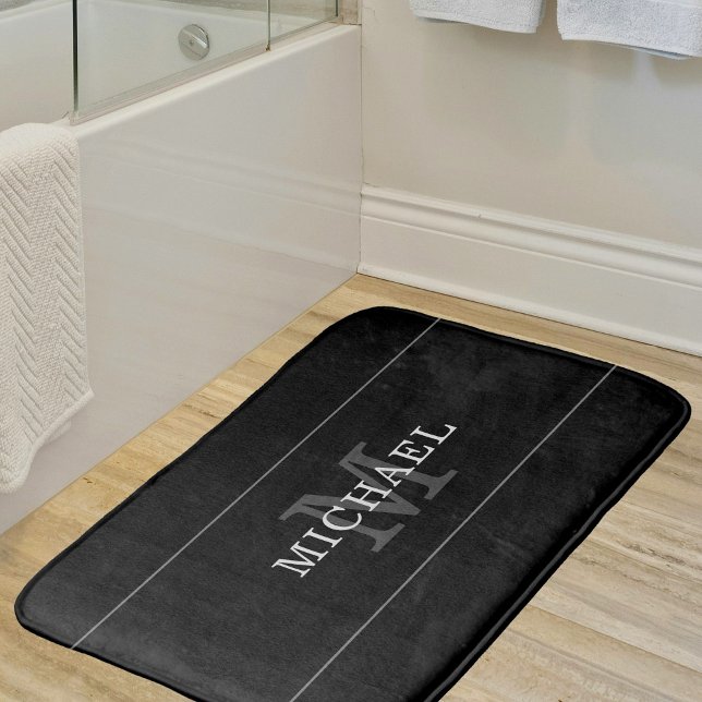 Tapis De Bain Élégant Noir Monogramme Nom Personnalisé (Créateur téléchargé)