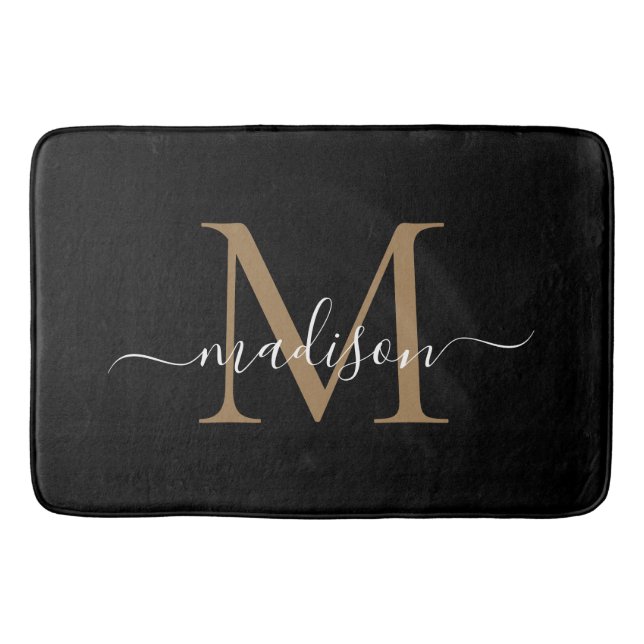 Tapis De Bain Élégant Noir Or Blanc Monogramme Feminine Script (Devant)