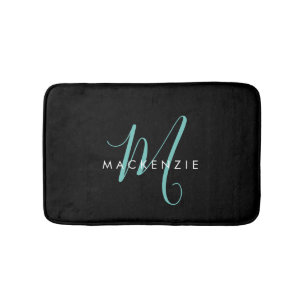 Tapis De Bain Élégant Noir Turquoise Script Monogramme moderne