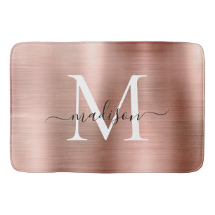 Tapis De Bain Élégant Rose chic Gold Steel Monogramme métallique
